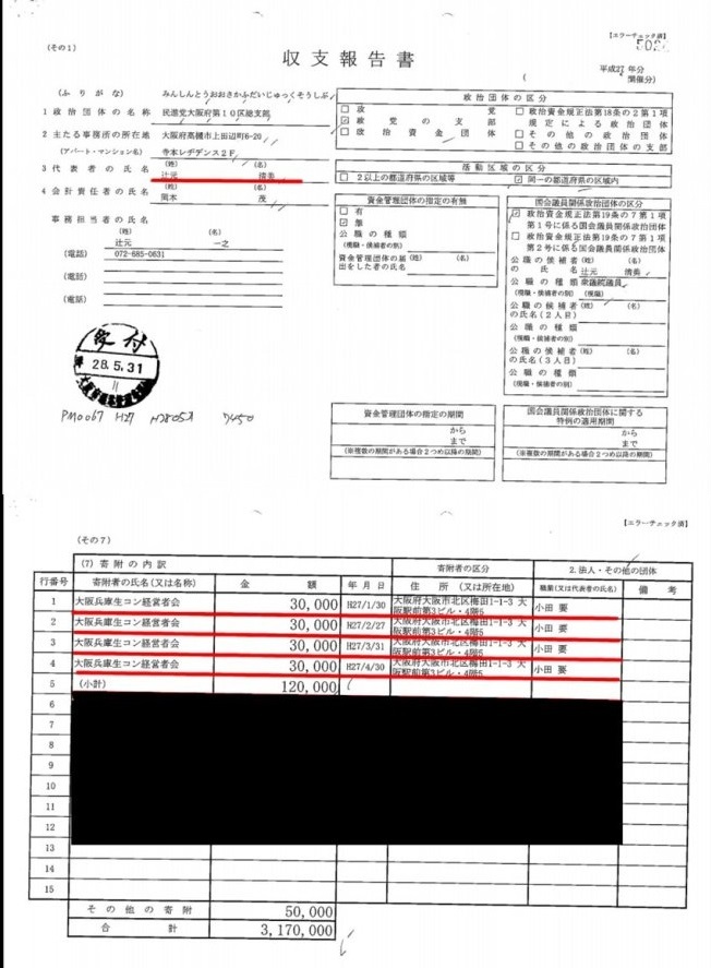 辻元清美の平成26度及び27年度の政治資金収支報告書を見ると、いずれも大阪兵庫生コン経営者会から政治献金を受け取っている。